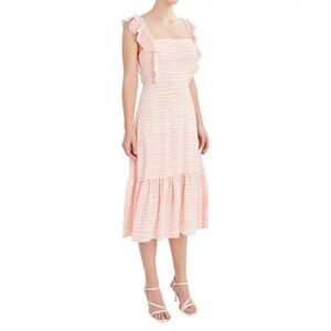 EUC BCBG Blush Pink and White Polka Dot Ruffle Hem Midi Dress -Size M